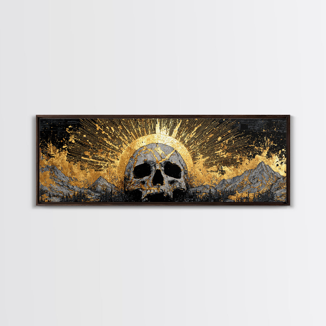 Nordic Mythology Canvas Gold Art, Ymir Skull Landscape Canvas Art with Natural Wood Frame, Viking Man Cave Wall Decor