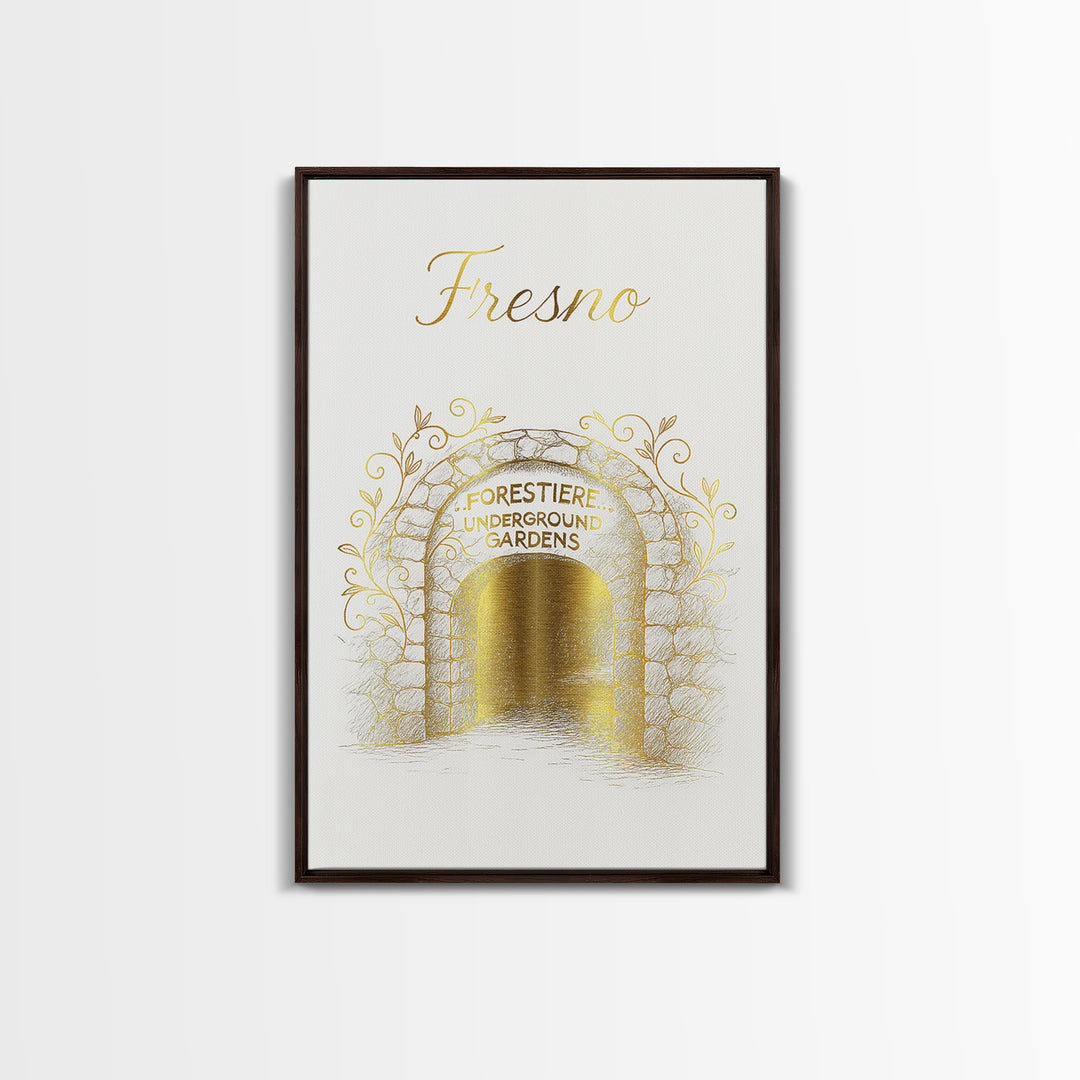 Fresno Travel Poster, Framed Canvas Print, Gold Outline Poster Art, Fresno Poster Print, Mid Century Wall Art, Gift For Travelers