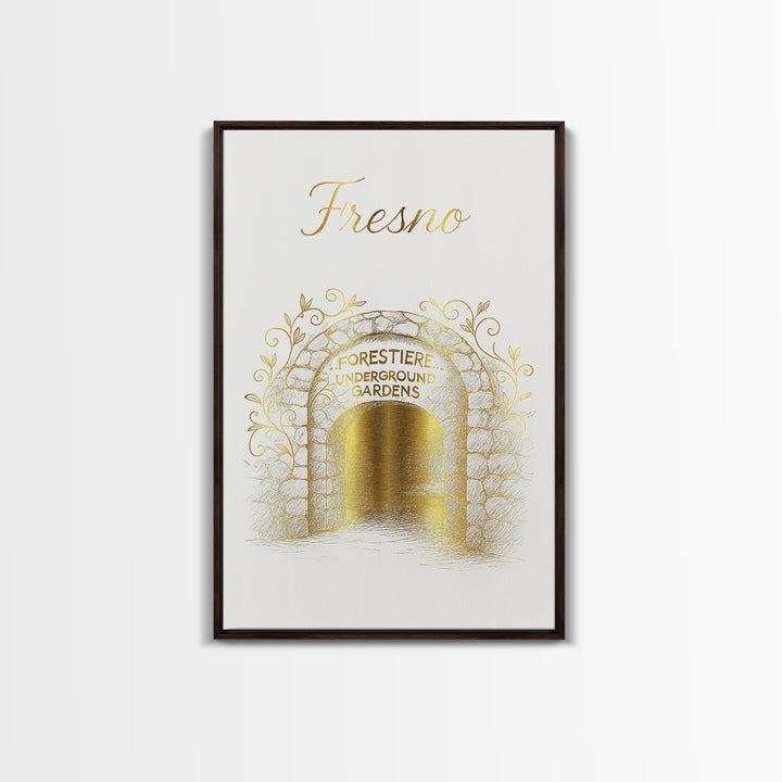 Fresno Travel Poster, Framed Canvas Print, Gold Outline Poster Art, Fresno Poster Print, Mid Century Wall Art, Gift For Travelers