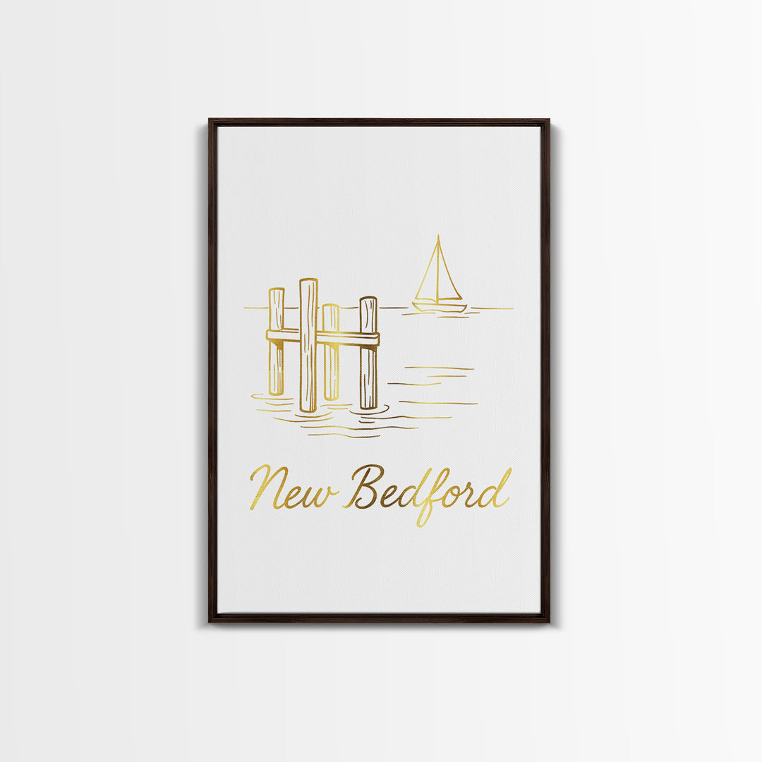 New Bedford Travel Poster, Framed Canvas Print, Minimalist Gold Line Art, New Bedford Travel Art, Living Room Wall Art, Modern Wall Decor