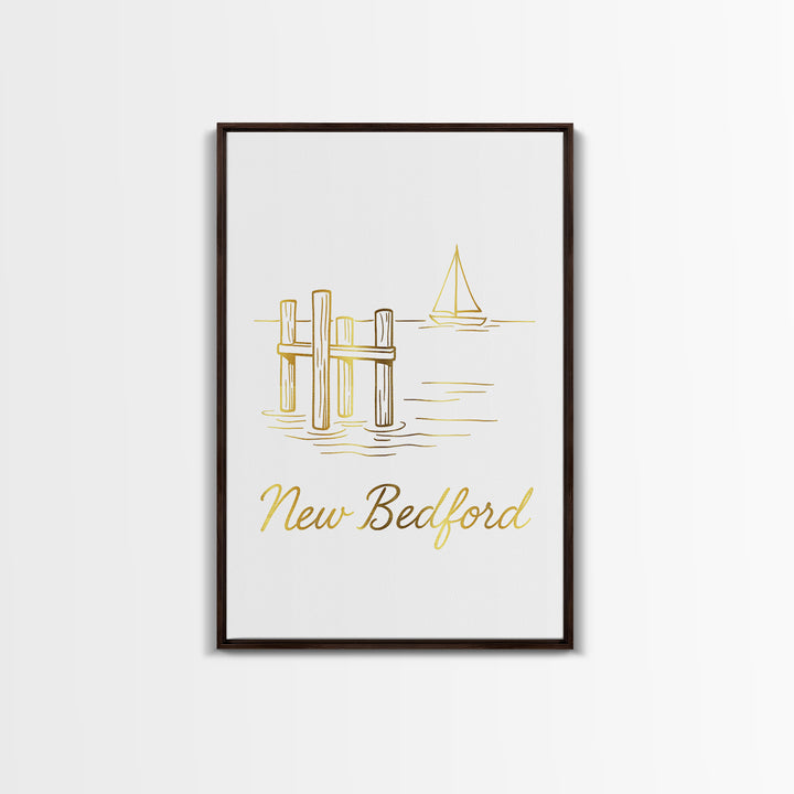 New Bedford Travel Poster, Framed Canvas Print, Minimalist Gold Line Art, New Bedford Travel Art, Living Room Wall Art, Modern Wall Decor