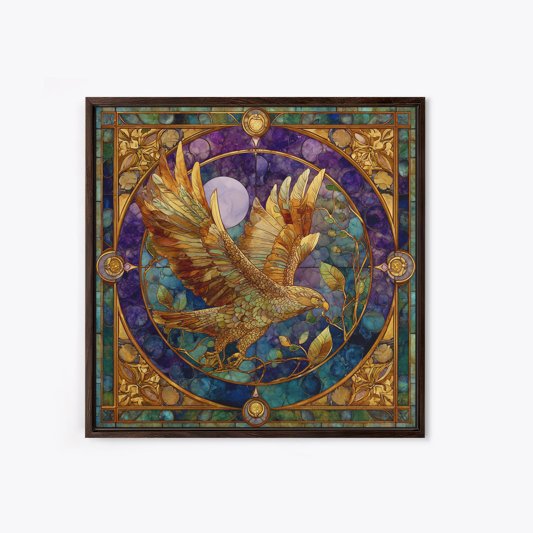 Icarus Falling Through Golden Sky and Feathers Framed Canvas Print, Mythological Art, Print, Living Room Decor, Oil Painting, MYT-1x1-28