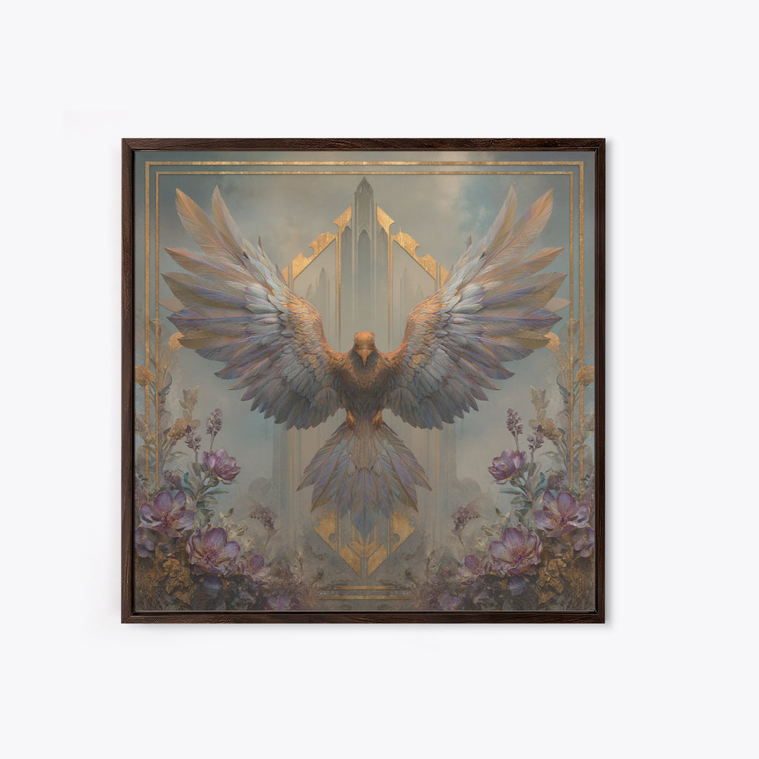 Icarus Falling Through Golden Sky and Feathers Framed Canvas Print, Mythological Art, Living Room Decor, Fine Art, Legend, MYT-1x1-52