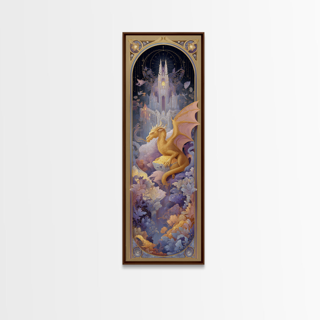Dragon Guarding a Hoard of Ancient Gold Framed Canvas Print, Mythological Art, Framed Wall Art, Living Room Decor, Legend, MYT-1x3-80