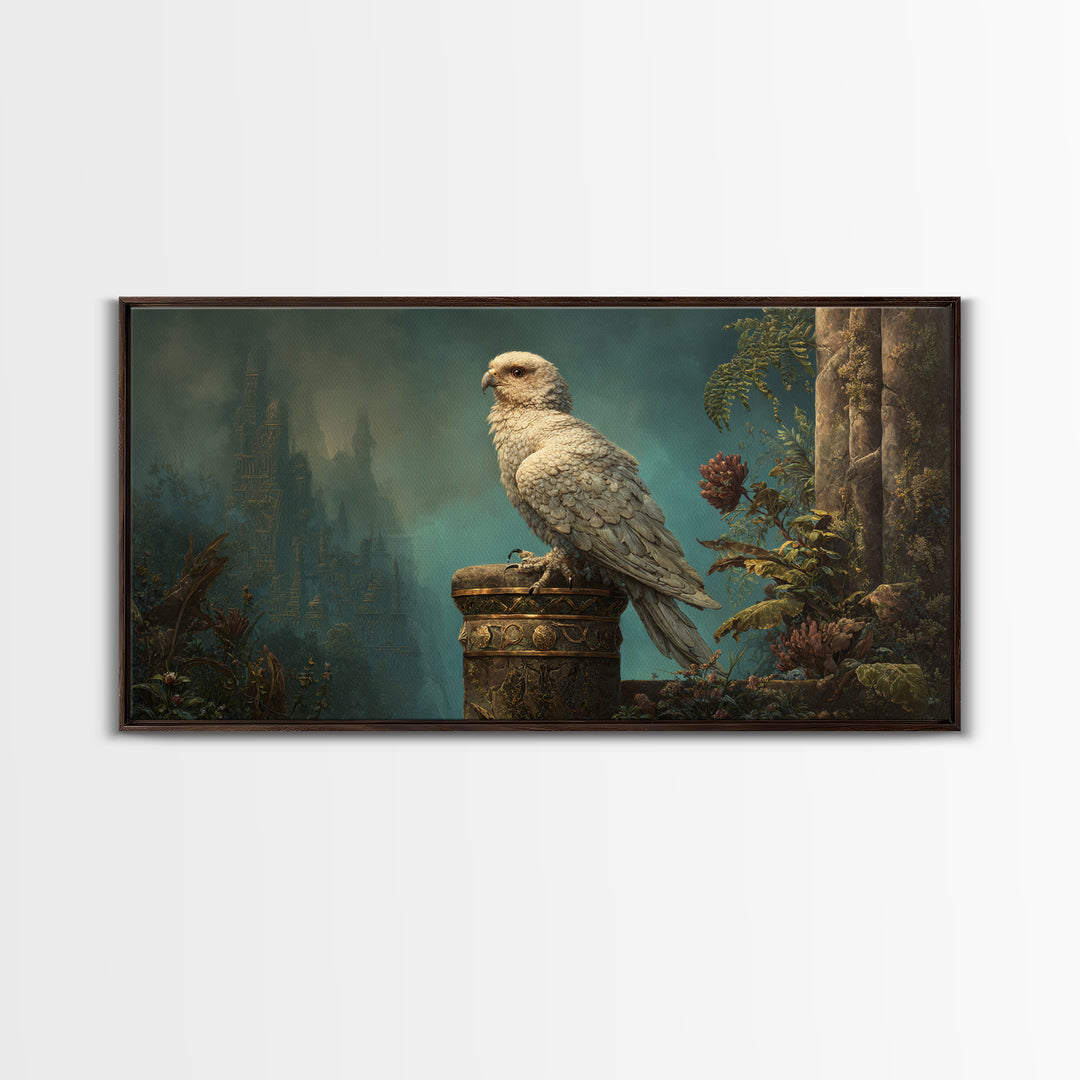 Griffin Perched on Ancient Stone Column Framed Canvas Print, Mythological Art, Luxury Decor, Living Room Decor, Legend, MYT-2x1-34