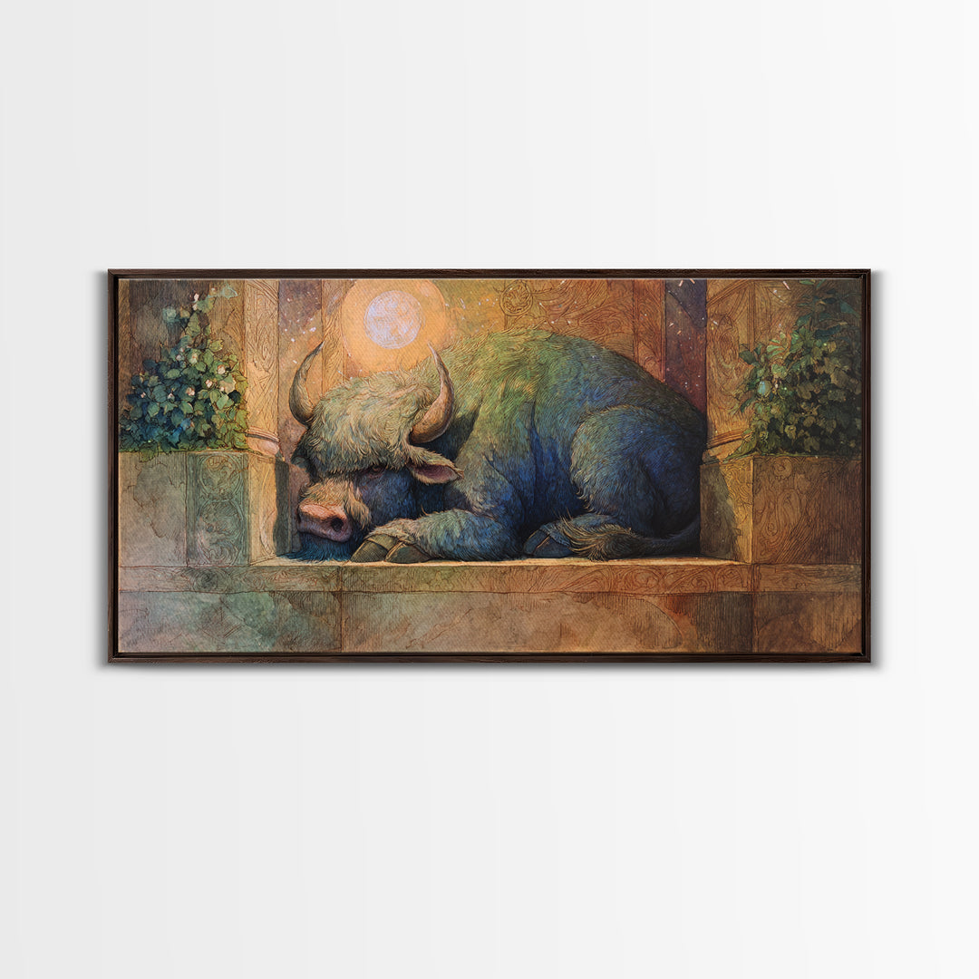 Minotaur in Labyrinth of Warm Stone Framed Canvas Print, Mythological Art, Minimalist Decor, Living Room Decor, Legend, MYT-2x1-37