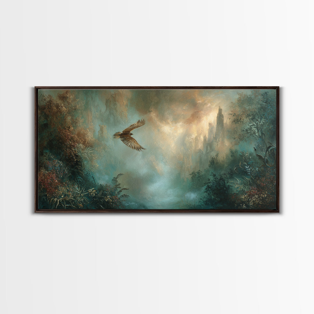 Icarus Falling Through Golden Sky and Feathers Canvas Print, Mythological Art, Art, Living Room Decor, Fine Art, Legend, MYT-2x1-48