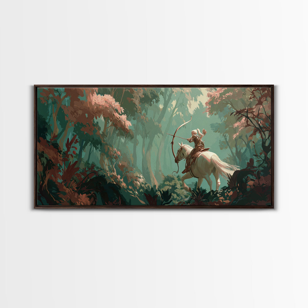 Centaur Archer in Misty Forest Framed Canvas Print, Mythological Art, Prints, Living Room Decor, Legend, Dark Academia Decor, MYT-2x1-60