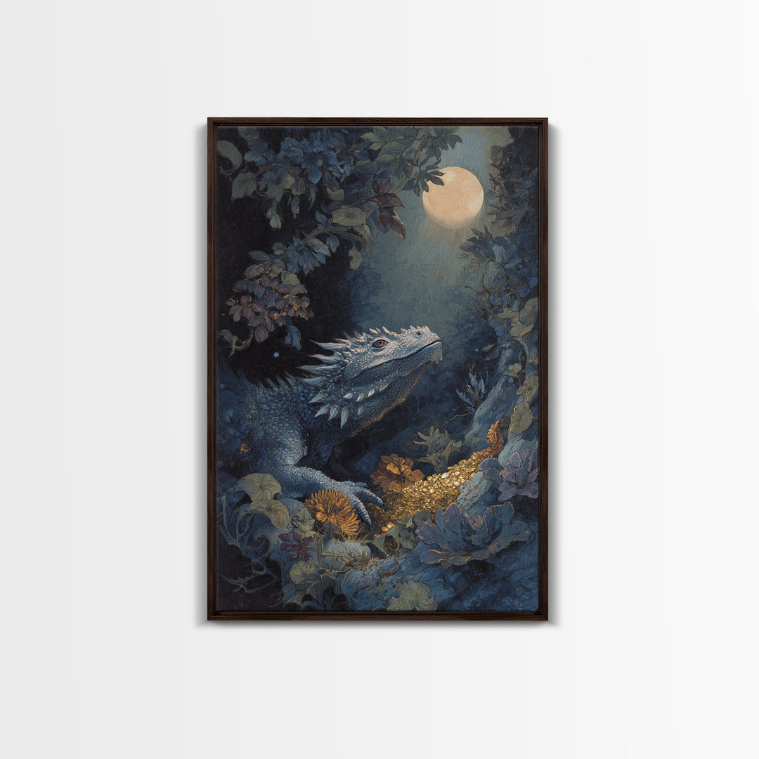 Dragon Guarding a Hoard of Ancient Gold Framed Canvas Print, Mythological Art, Luxury Decor, Living Room Decor, Legend, MYT-2x3-100