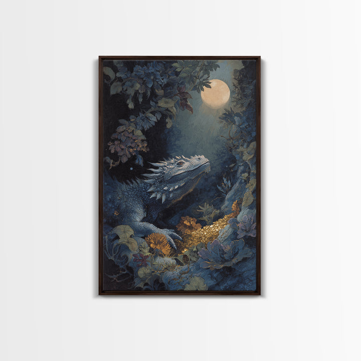 Dragon Guarding a Hoard of Ancient Gold Framed Canvas Print, Mythological Art, Luxury Decor, Living Room Decor, Legend, MYT-2x3-100