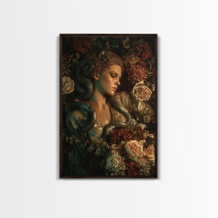 Medusa Portrait with Serpents and Tragic Beauty Framed Canvas Print, Mythological Art, Art Print, Living Room Decor, Legend, MYT-2x3-33