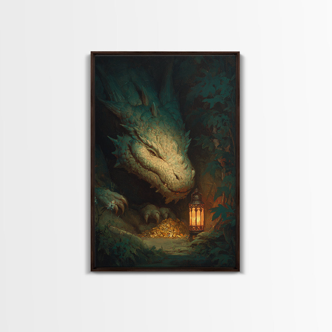 Dragon Guarding a Hoard of Ancient Gold Framed Canvas Print, Mythological Art, Gothic Home Decor, Living Room Decor, Legend, MYT-2x3-76