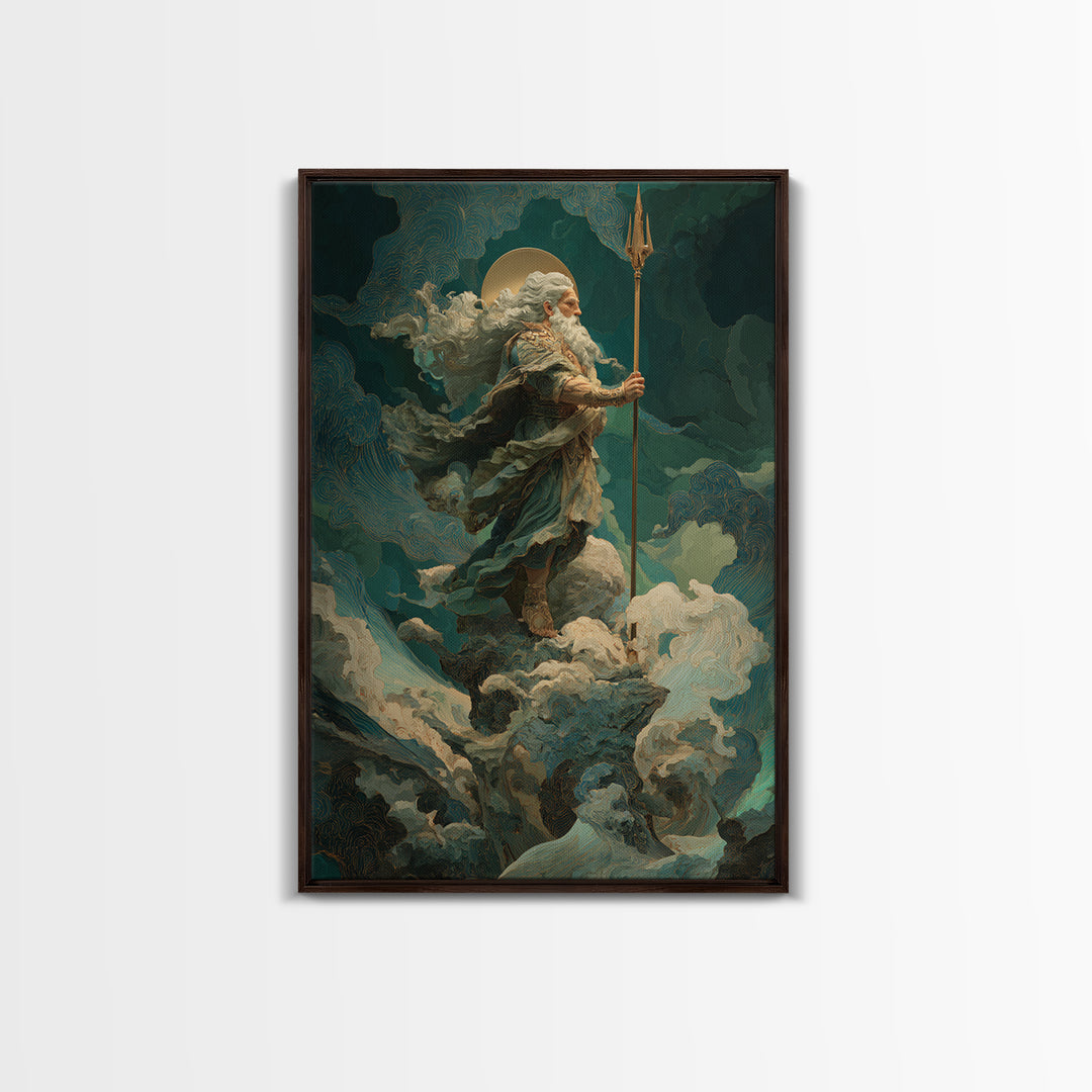 Poseidon Figure Rising from Stormy Ocean Framed Canvas Print, Mythological Art, Portrait, Living Room Decor, Fine Art, Legend, MYT-2x3-83