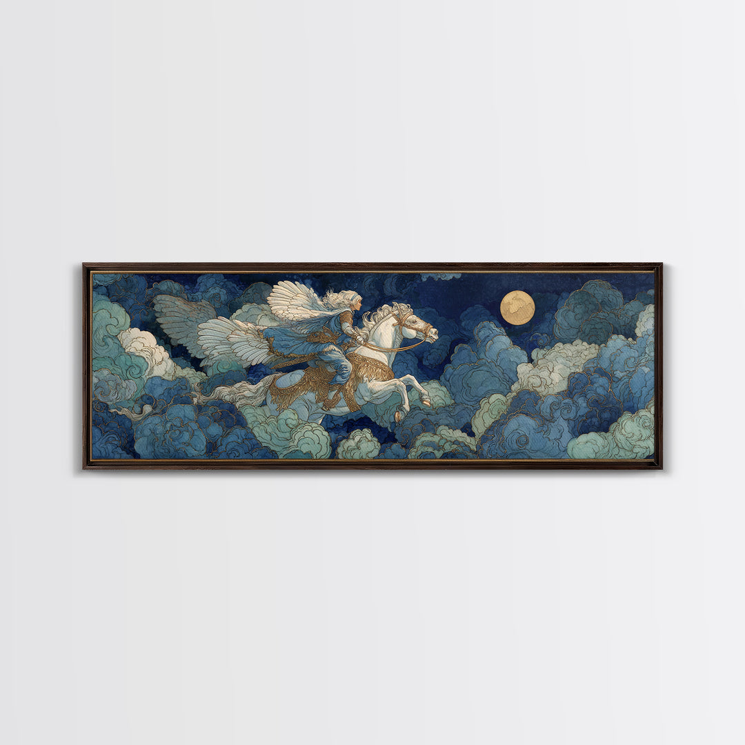 Norse Valkyrie Riding Through Storm Clouds Canvas Print, Mythological Art, Dark Academia Decor, Living Room Decor, Abstract Art, MYT-3x1-25