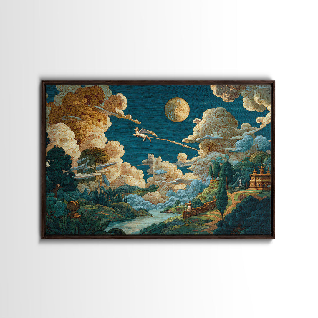 Pegasus Flying Above Cloud Kingdom Framed Canvas Print, Mythological Art, Living Room Decor, Abstract Art, Legend, Home Decor, MYT-3x2-25
