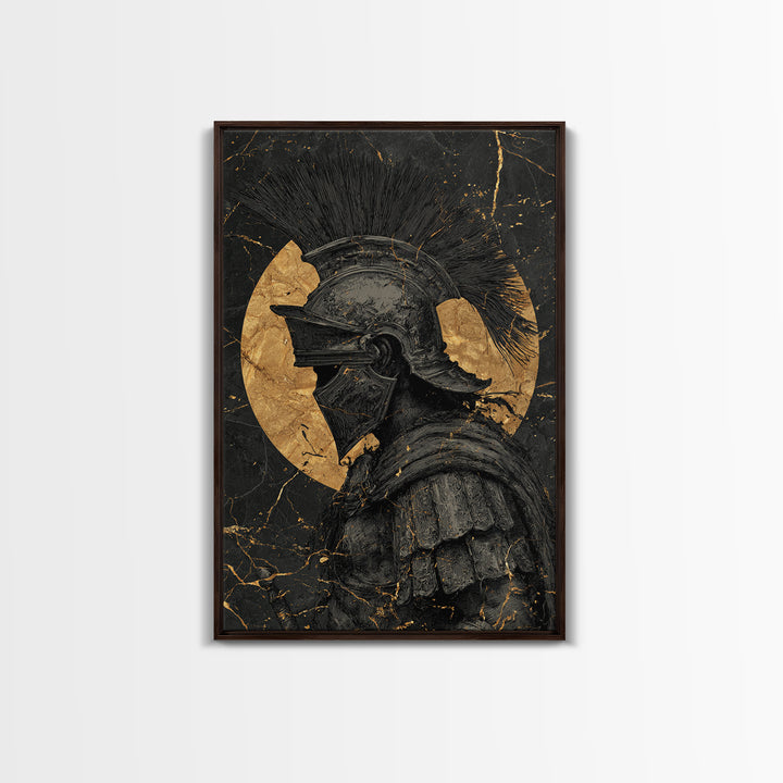 Roman Warrior Gold Canvas Print, Ancient Soldier Wall Art On Canvas, Real Wood Frame Decor, Historical Mythology Artwork