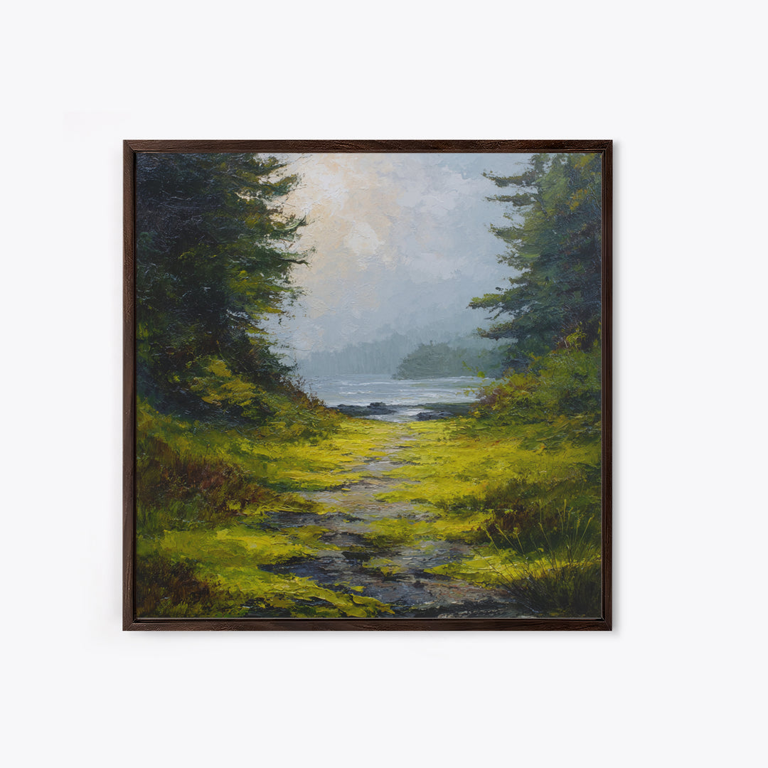 Sunlit Forest Path Framed Canvas Print, Nature Art, Bird Wall Art, Living Room Decor, Fine Art, Nature, Textured Painting, NAT-1x1-1