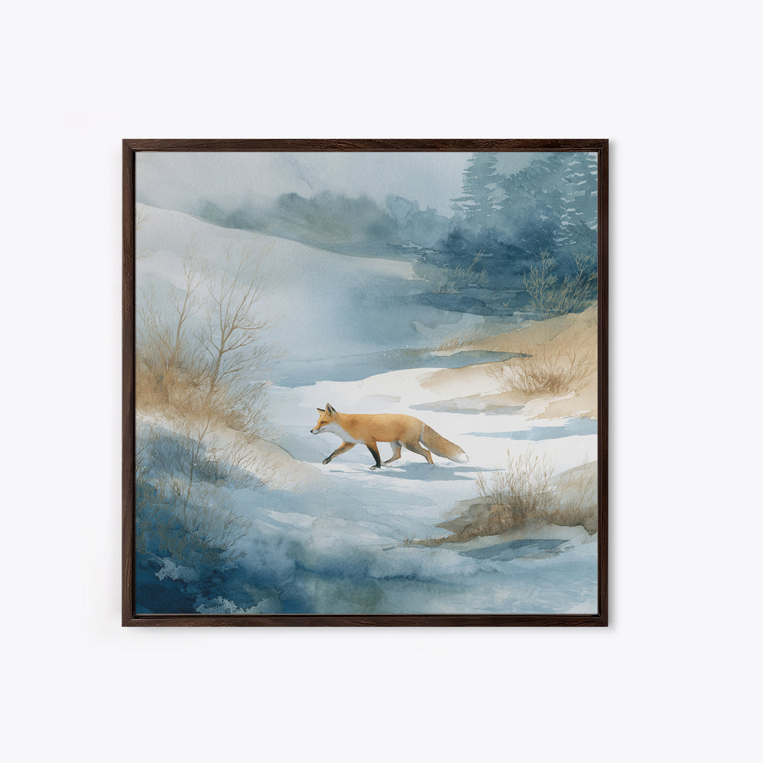 Fox Crossing a Snowy Forest Clearing Canvas Print, Nature Art, Stained Glass Art, Living Room Decor, Fine Art, Nature, NAT-1x1-10