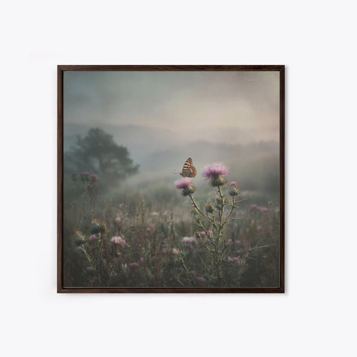 Butterfly Resting on a Blooming Thistle Framed Canvas Print, Nature Art, Mountain Art, Living Room Decor, Watercolor Art, NAT-1x1-100