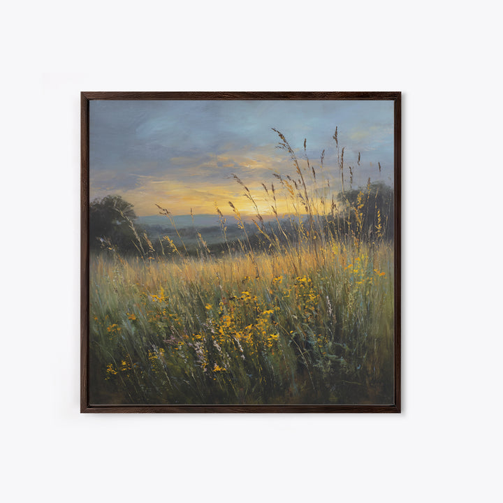 Sunrise Through Tall Grass and Wildflowers Framed Canvas Print, Nature Art, Framed Art, Living Room Decor, Watercolor Art, NAT-1x1-11