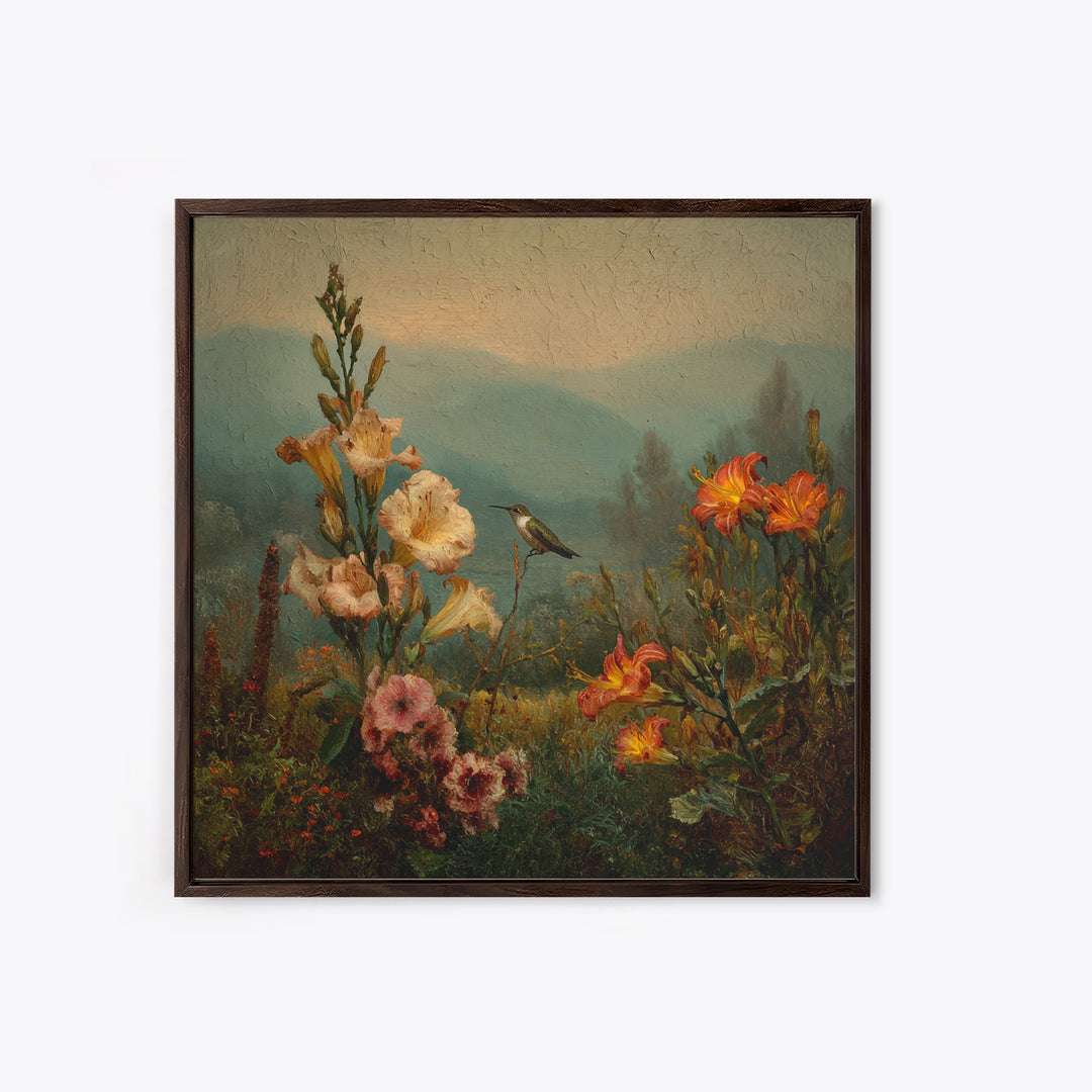 Hummingbird Beside Bright Trumpet Flowers Framed Canvas Print, Nature Art, Art, Living Room Decor, Oil Painting, Nature, NAT-1x1-12