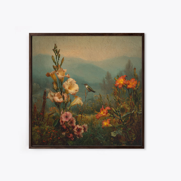 Hummingbird Beside Bright Trumpet Flowers Framed Canvas Print, Nature Art, Art, Living Room Decor, Oil Painting, Nature, NAT-1x1-12