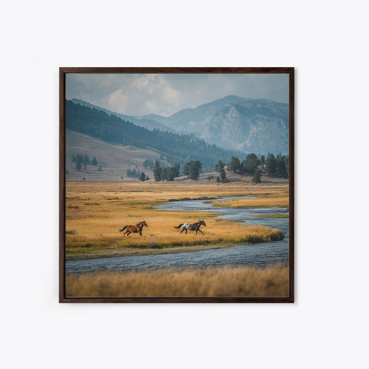 Wild Horses Running Near Mountain Ridge Canvas Print, Nature Art, Modern Wall Art, Living Room Decor, Fine Art, Nature, NAT-1x1-22