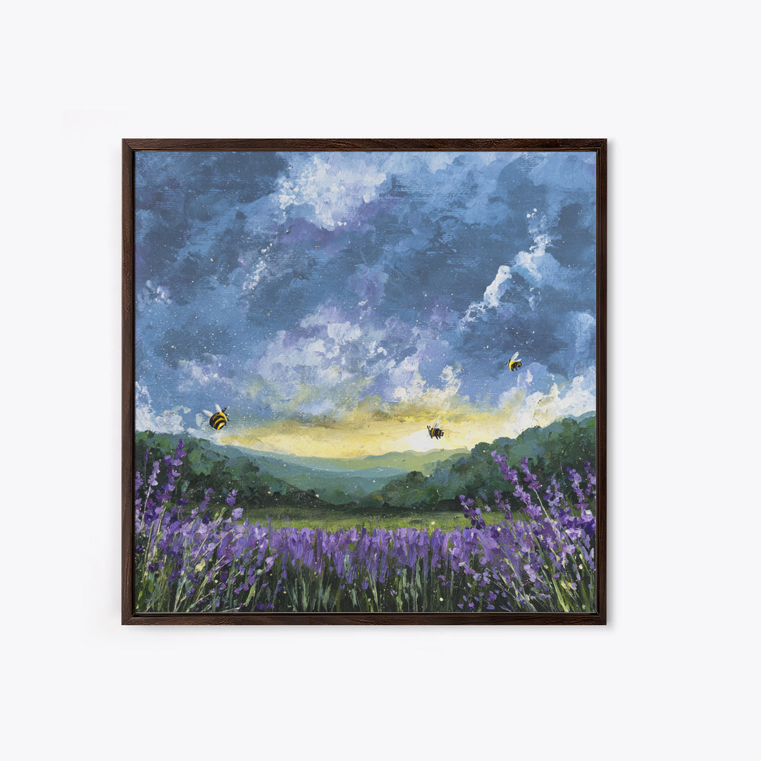 Bees Circling Lavender Blossoms Canvas Print, Nature Art, Original Painting, Living Room Decor, Nature, Mountain Wall Art, NAT-1x1-23