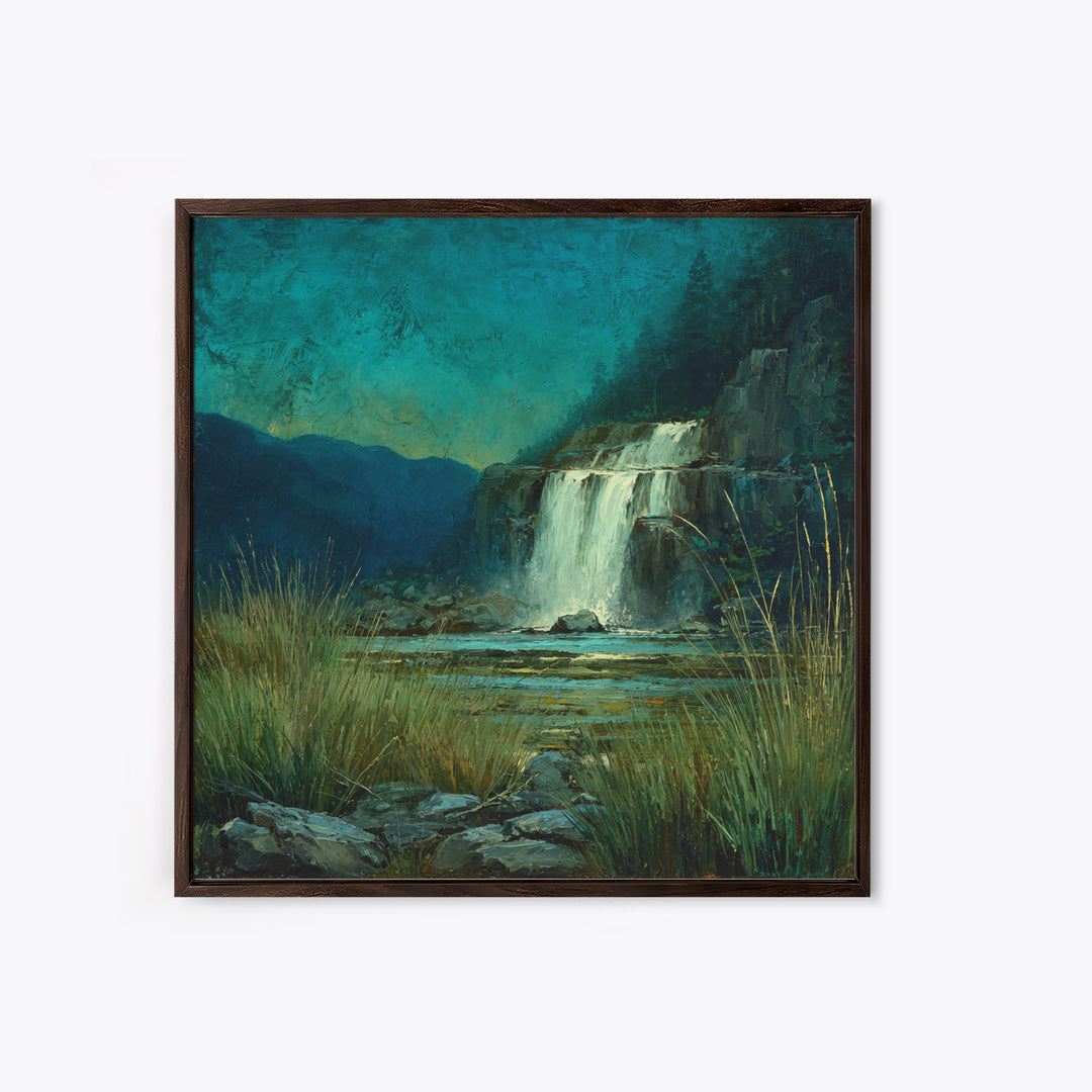 Waterfall Hidden Among Dark Green Rocks Framed Canvas Print, Nature Art, 3d Wall Art, Living Room Decor, Fine Art, Nature, NAT-1x1-27