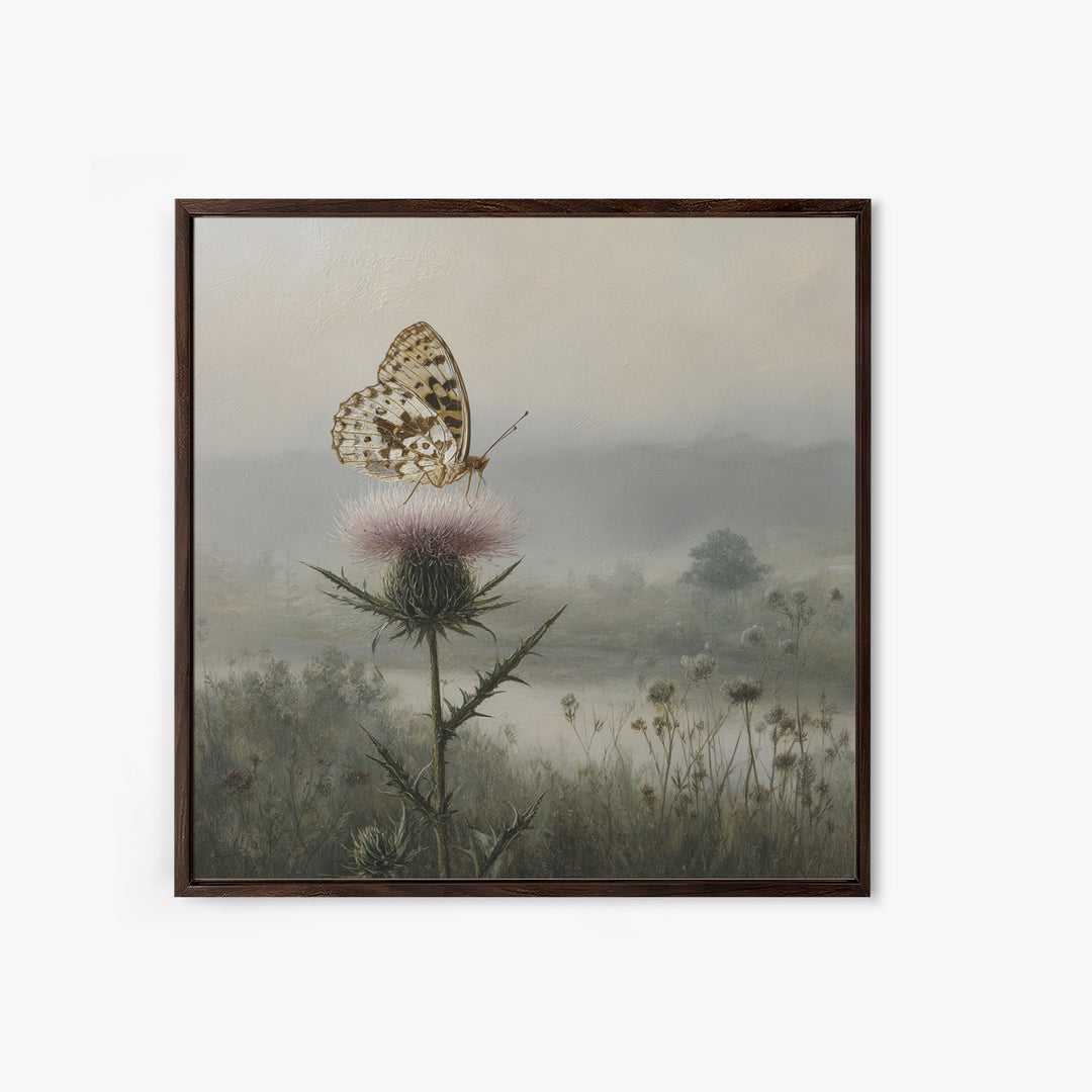 Butterfly Resting on a Blooming Thistle Framed Canvas Print, Nature Art, Living Room Decor, Oil Painting, Nature, NAT-1x1-28