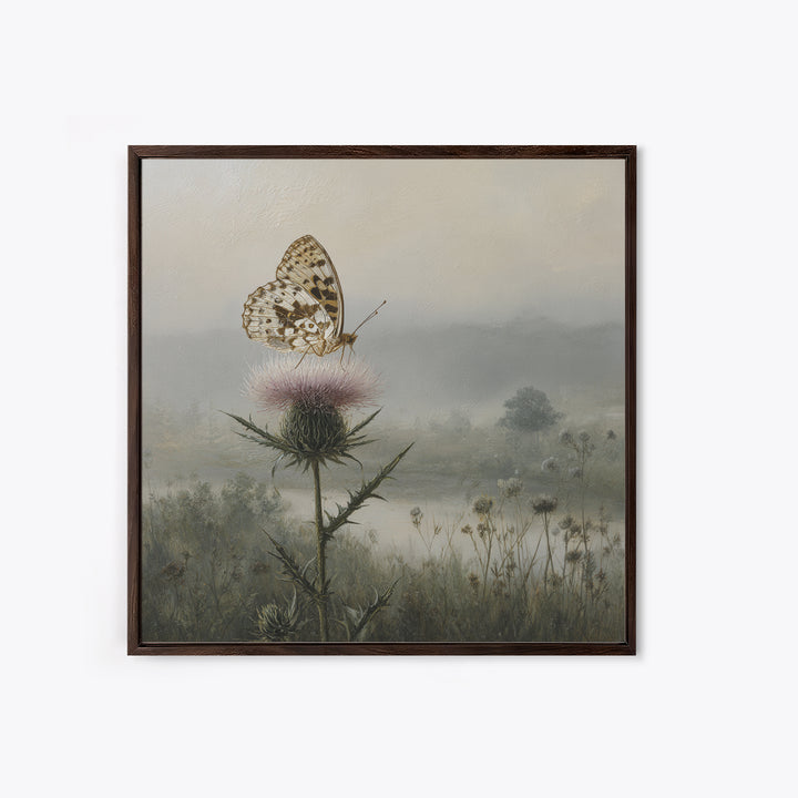 Butterfly Resting on a Blooming Thistle Framed Canvas Print, Nature Art, Living Room Decor, Oil Painting, Nature, NAT-1x1-28