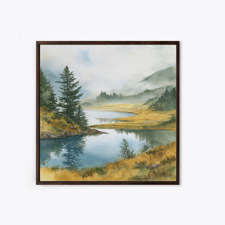 Misty Mountain Lake Framed Canvas Print, Nature Art, Fine Art Print, Living Room Decor, Watercolor Art, Nature, Poster, NAT-1x1-29