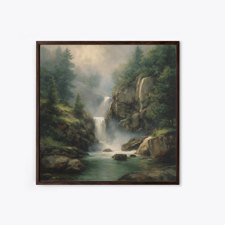 Waterfall Hidden Among Dark Green Rocks Canvas Print, Nature Art, Floral, Living Room Decor, Abstract Art, Nature, Moss Art, NAT-1x1-3