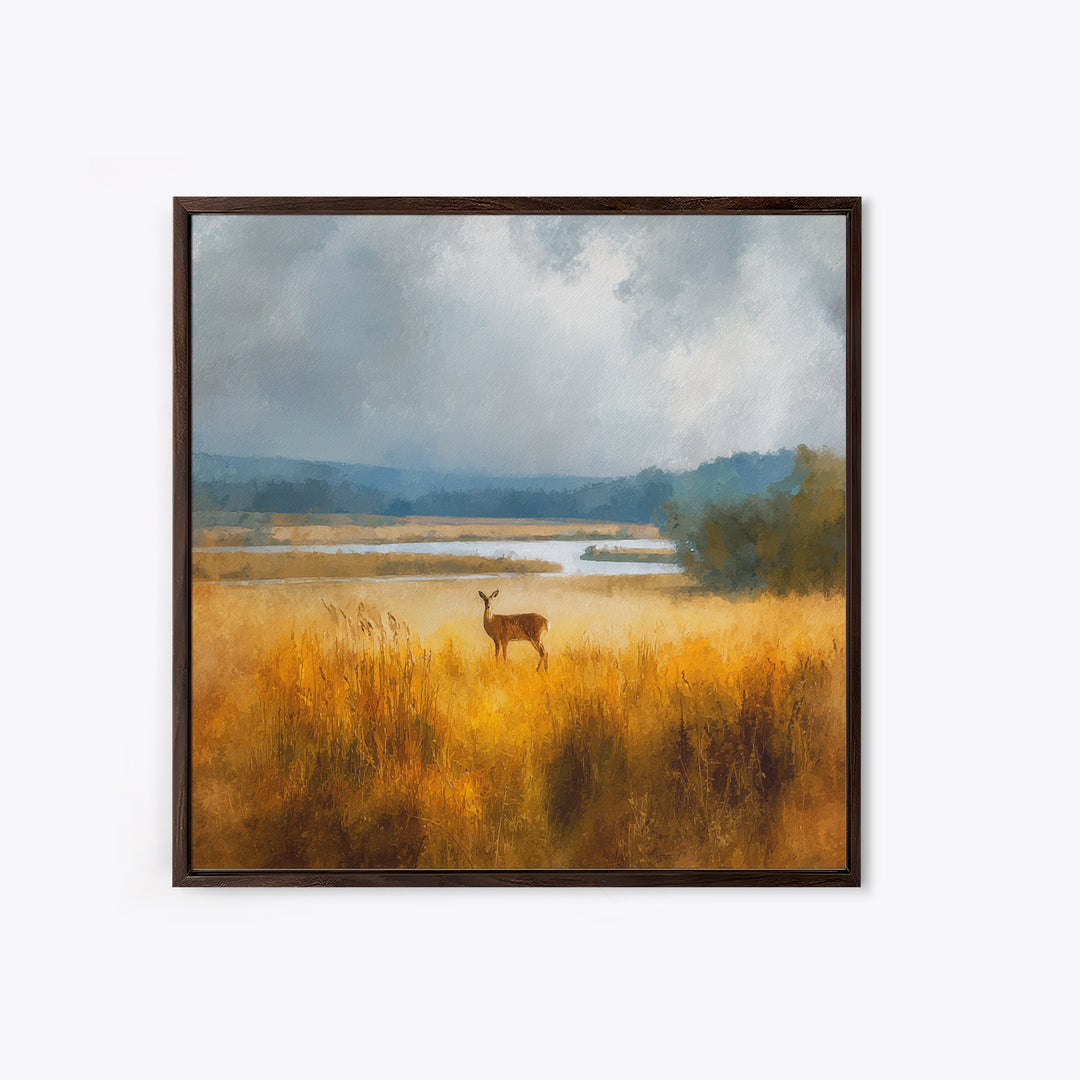 Deer Standing in a Golden Field Framed Canvas Print, Nature Art, Gallery Decor, Living Room Decor, Fine Art, Nature, NAT-1x1-32