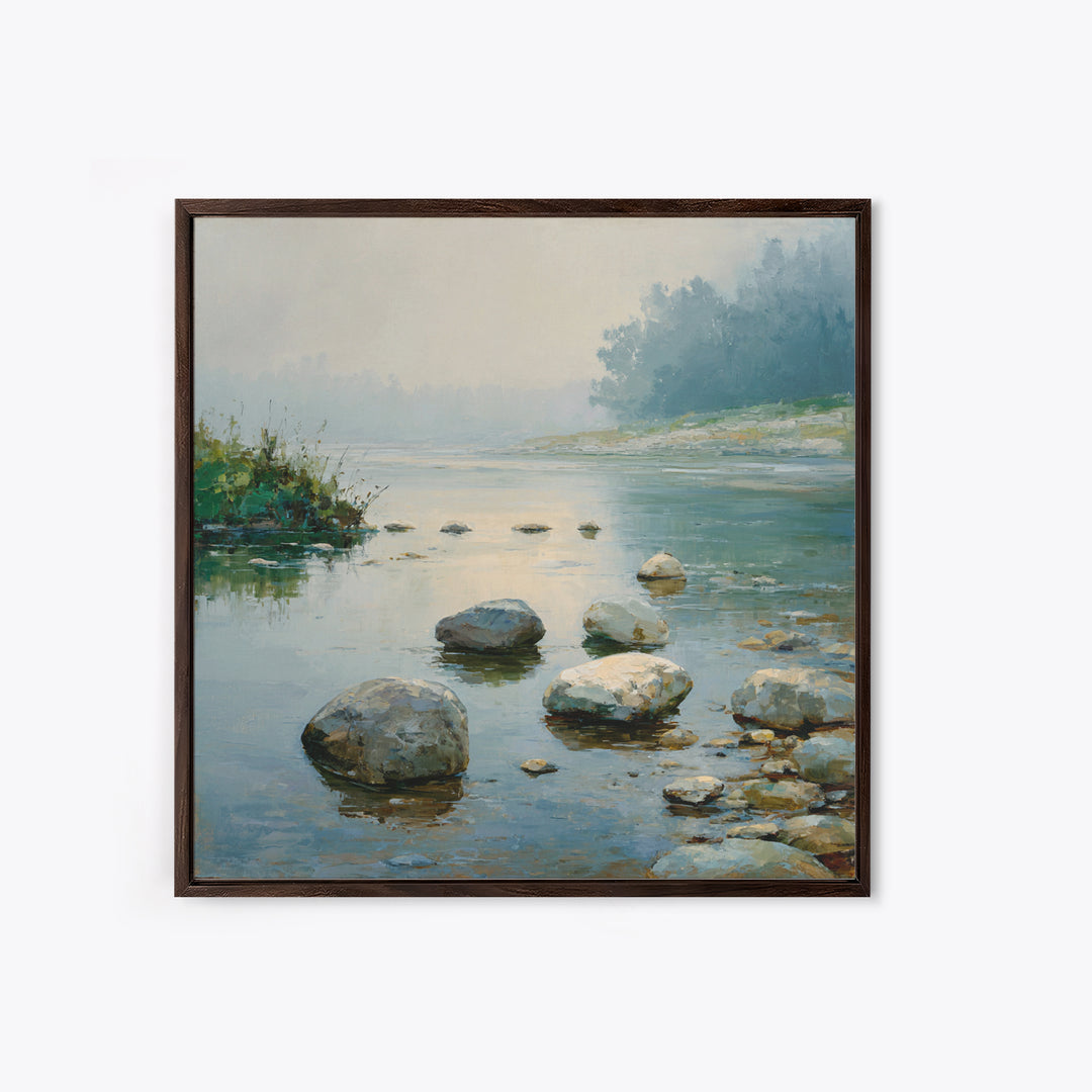 River Stones under Clear Shallow Water Framed Canvas Print, Nature Art, Mountain Art, Living Room Decor, Oil Painting, Nature, NAT-1x1-37