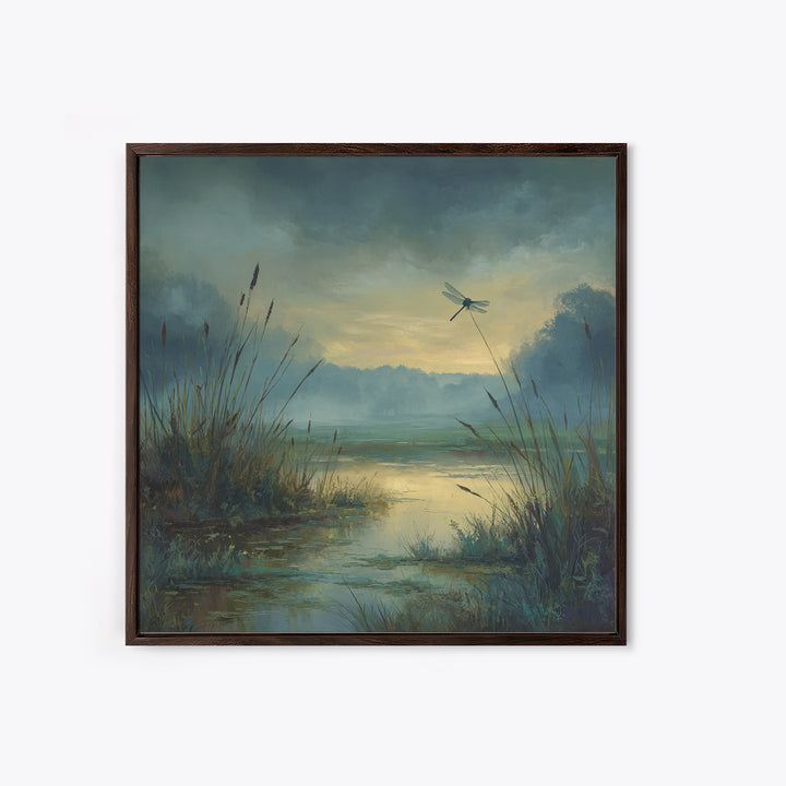 Dragonfly over a Pond with Reeds Framed Canvas Print, Nature Art, Moss Art, Living Room Decor, Abstract Art, Nature, NAT-1x1-42