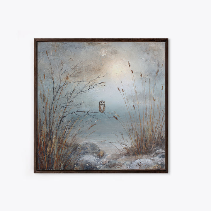 Owl in Moonlit Branches Framed Canvas Print, Nature Art, Living Room Wall Art, Living Room Decor, Nature, Neutral Decor, NAT-1x1-43