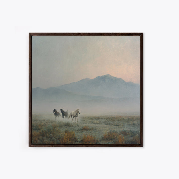 Wild Horses Running Near Mountain Ridge Framed Canvas Print, Nature Art, Landscape Art, Living Room Decor, Oil Painting, Nature, NAT-1x1-46