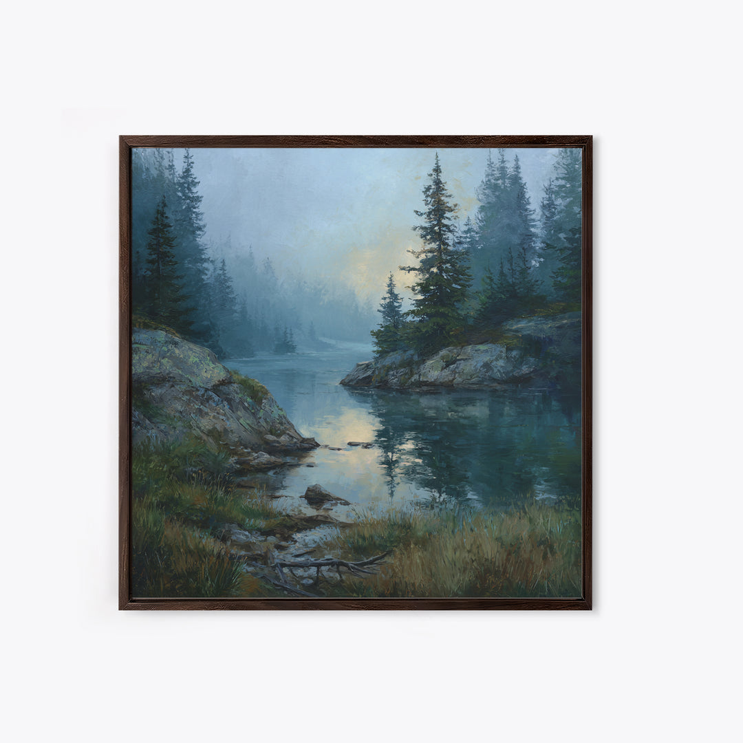 Misty Mountain Lake Canvas Print, Nature Art, Nature Wall Art, Living Room Decor, Fine Art, Nature, Textured Painting, NAT-1x1-5