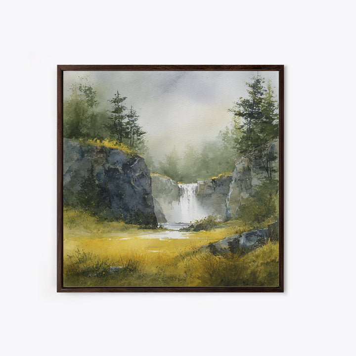 Waterfall Hidden Among Dark Green Rocks Framed Canvas Print, Nature Art, Bird Wall Art, Living Room Decor, Oil Painting, Nature, NAT-1x1-51