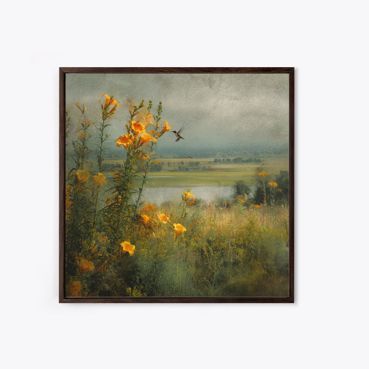 Hummingbird Beside Bright Trumpet Flowers Canvas Print, Nature Art, Stained Glass Art, Living Room Decor, Fine Art, Nature, NAT-1x1-60