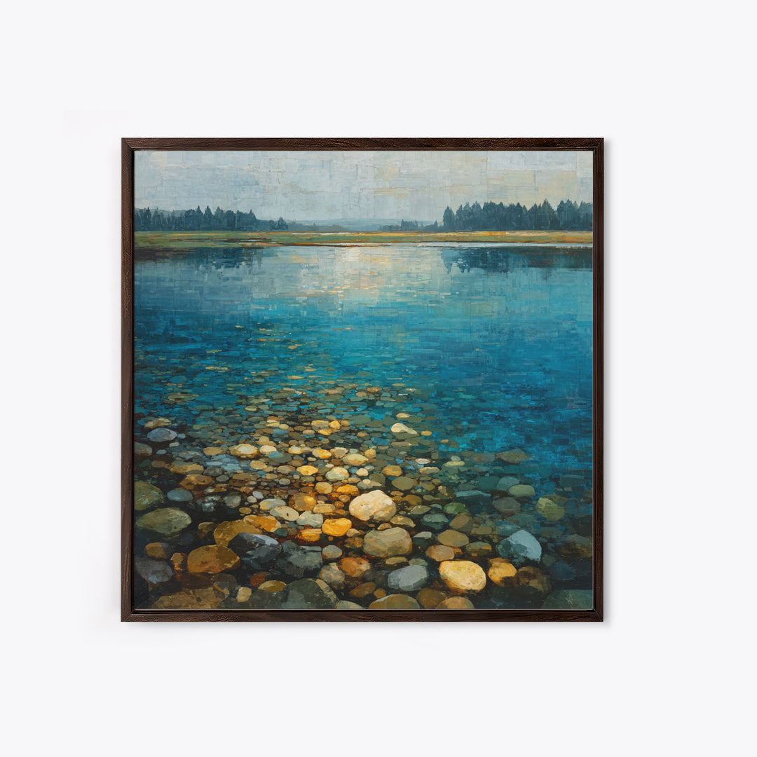 River Stones under Clear Shallow Water Framed Canvas Print, Nature Art, Mountain Art, Living Room Decor, Oil Painting, Nature, NAT-1x1-61