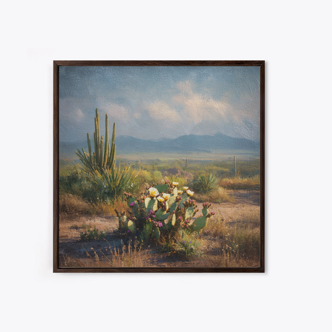 Desert Cactus Blooming After Rain Framed Canvas Print, Nature Art, Moss Art, Living Room Decor, Oil Painting, Nature, NAT-1x1-68