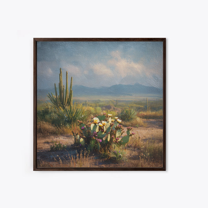 Desert Cactus Blooming After Rain Framed Canvas Print, Nature Art, Moss Art, Living Room Decor, Oil Painting, Nature, NAT-1x1-68