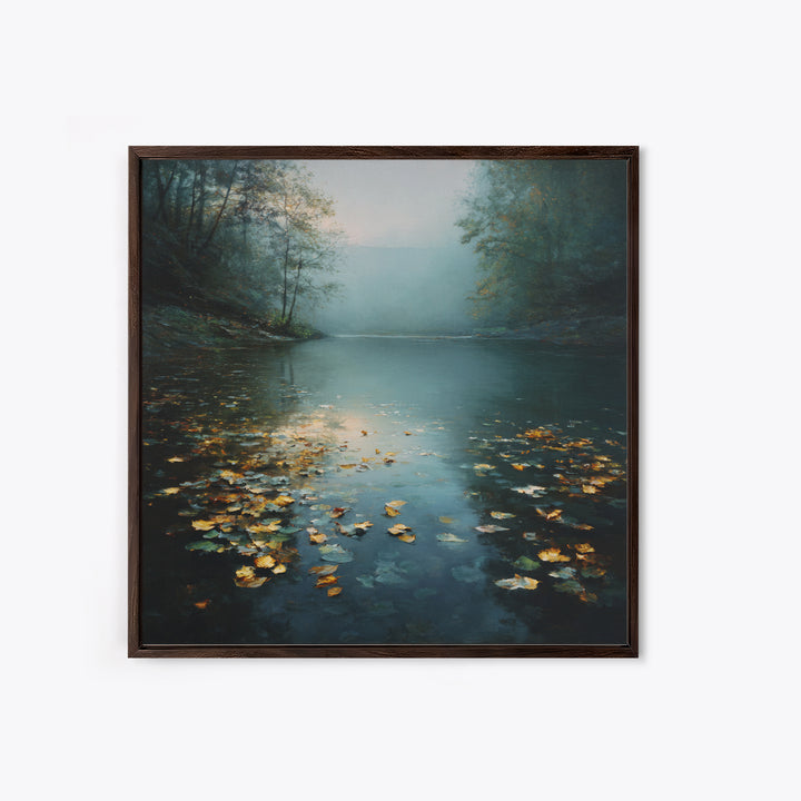 Autumn Leaves Floating on Quiet Stream Framed Canvas Print, Nature Art, Gallery Decor, Living Room Decor, Fine Art, Nature, NAT-1x1-78