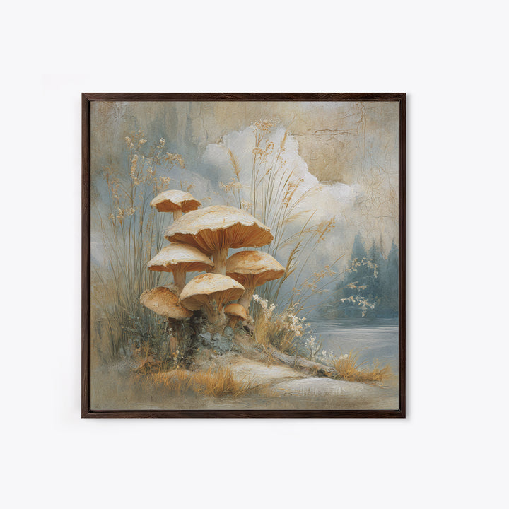 Mushroom Cluster in Enchanted Woodland Framed Canvas Print, Nature Art, Fine Art Print, Living Room Decor, Oil Painting, Nature, NAT-1x1-79