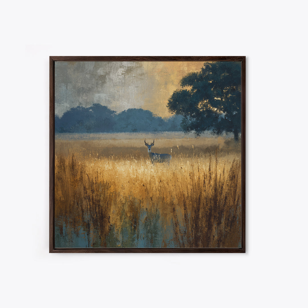 Deer Standing in a Golden Field Framed Canvas Print, Nature Art, Wall Hangings, Living Room Decor, Nature, Stained Glass Art, NAT-1x1-8