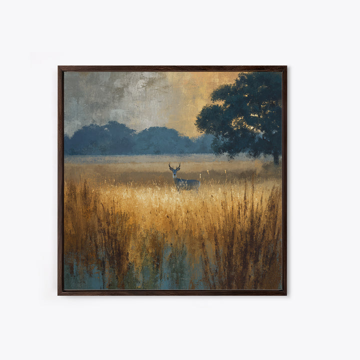 Deer Standing in a Golden Field Framed Canvas Print, Nature Art, Wall Hangings, Living Room Decor, Nature, Stained Glass Art, NAT-1x1-8