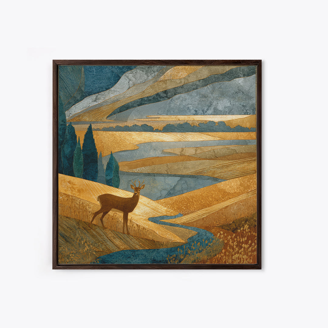 Deer Standing in a Golden Field Framed Canvas Print, Nature Art, Modern Decor, Living Room Decor, Fine Art, Nature, Home Decor, NAT-1x1-80