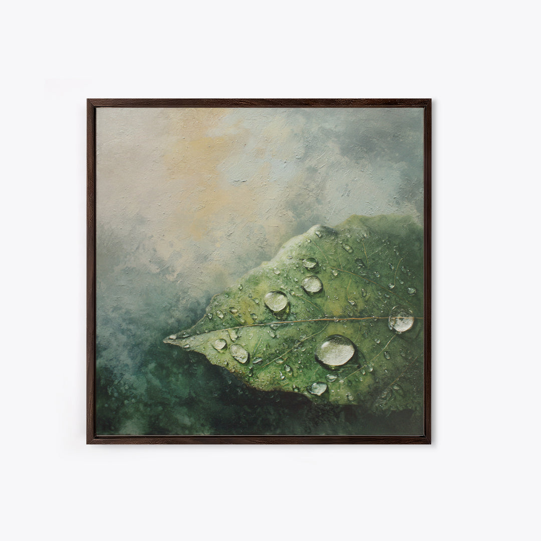 Rain Drops on a Large Green Leaf Canvas Print, Nature Art, Textured Painting, Living Room Decor, Oil Painting, Nature, NAT-1x1-81